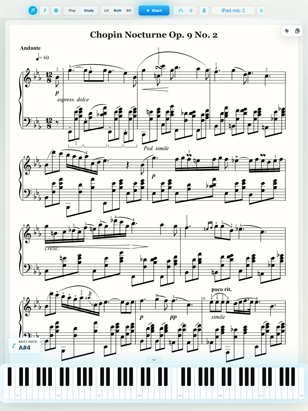 Sonira Sound en iPad mostrando un nocturno de Chopin con controles de práctica y guía de teclado
